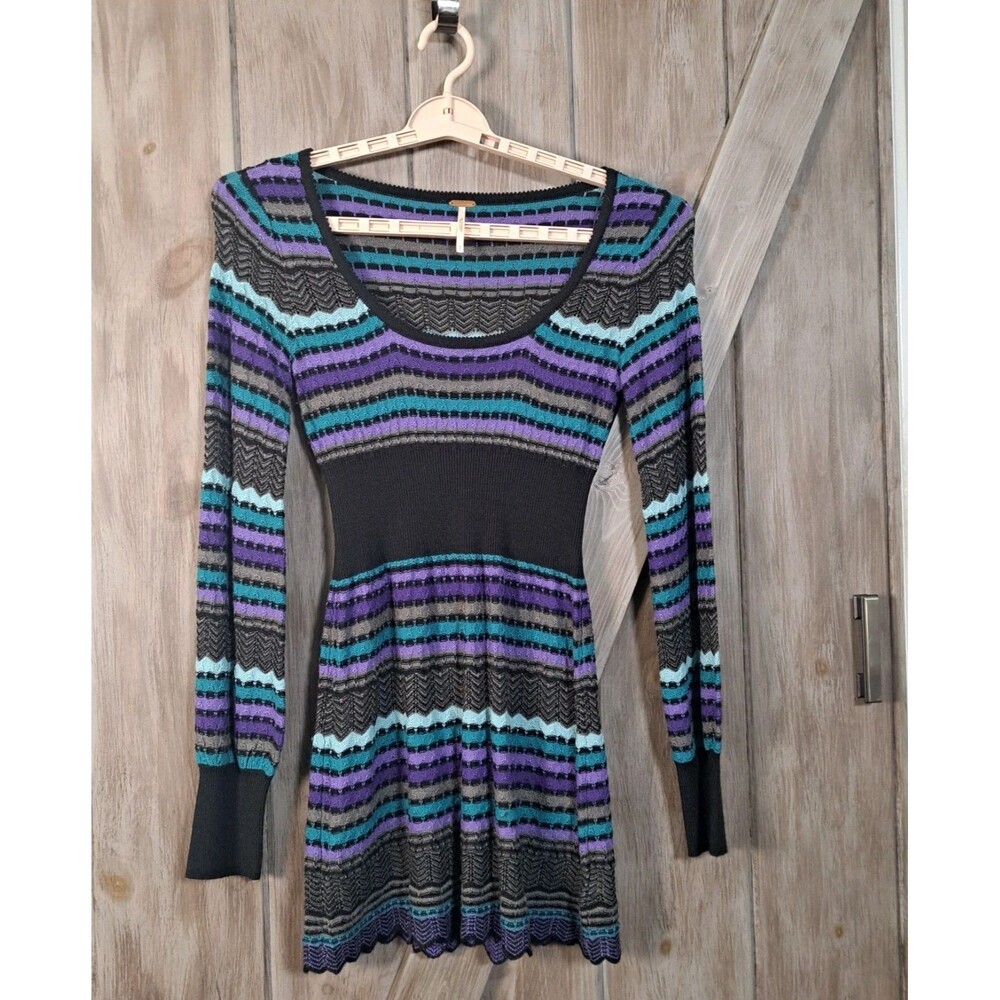 Free People Striped Knit Wool Blend Sweater Dress Tunic Top Womens Size S Boho